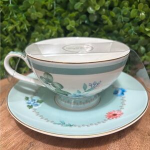Grace Teaware NWT Floral Teacup & Saucer Set in Mint Blue with Gold Trim